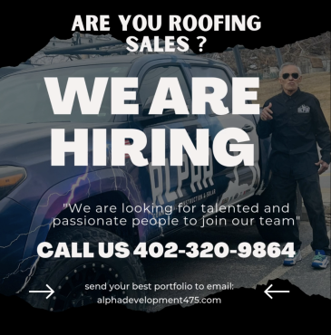 A man stands next to a truck advertising roofing sales jobs, with text promoting hiring opportunities and contact information.